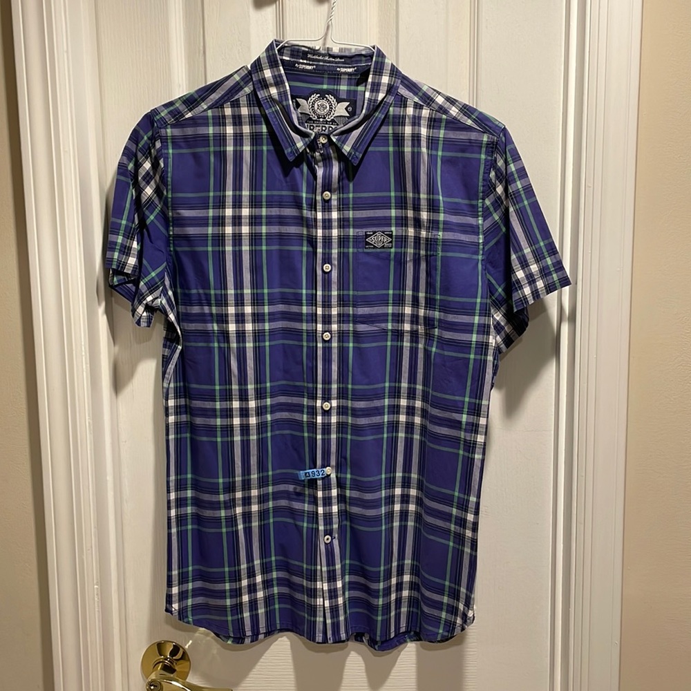 Superdry denim men’s xl short sleeve blue green button down shirt